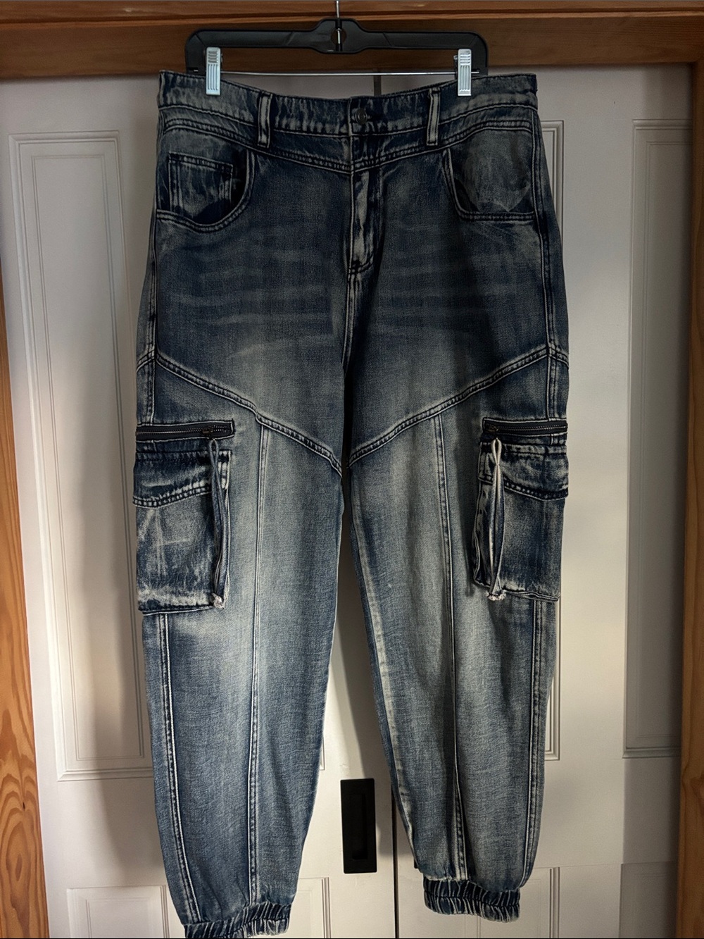 Fashion Nova Washed Denim Blue Cargo Joggers Size 14